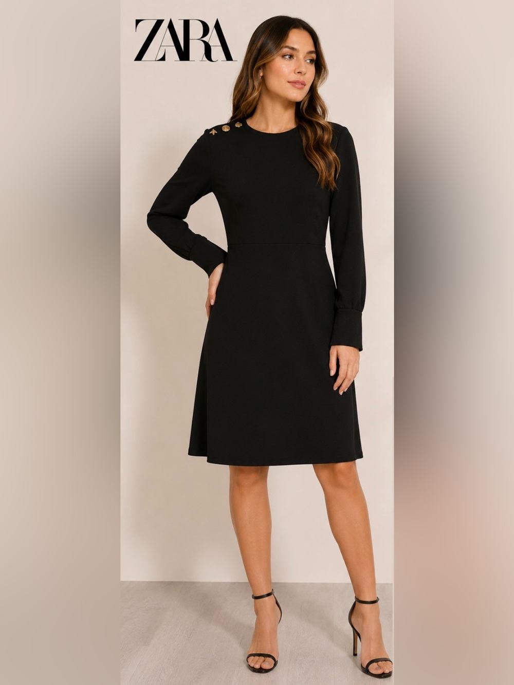 ZARA Black Long Sleeve Midi Dress Gold Shoulder Embellished Size M NWT